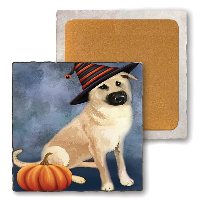 Happy Halloween Chinook Dog Wearing Witch Hat with Pumpkin Set of 4 Natural Stone Marble Tile Coasters MCST49886