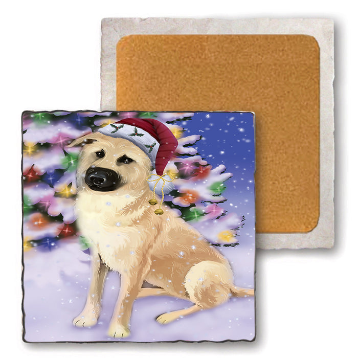 Winterland Wonderland Chinook Dog In Christmas Holiday Scenic Background Set of 4 Natural Stone Marble Tile Coasters MCST50700