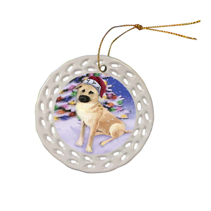 Winterland Wonderland Chinook Dog In Christmas Holiday Scenic Background Ceramic Doily Ornament DPOR56056
