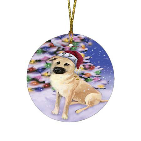 Winterland Wonderland Chinook Dog In Christmas Holiday Scenic Background Round Flat Christmas Ornament RFPOR56056
