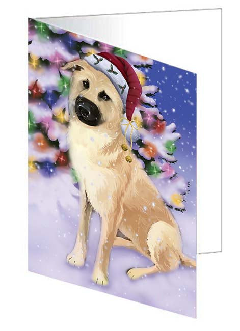 Winterland Wonderland Chinook Dog In Christmas Holiday Scenic Background Handmade Artwork Assorted Pets Greeting Cards and Note Cards with Envelopes for All Occasions and Holiday Seasons GCD71615
