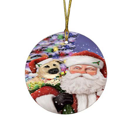 Santa Carrying Chinook Dog and Christmas Presents Round Flat Christmas Ornament RFPOR55858
