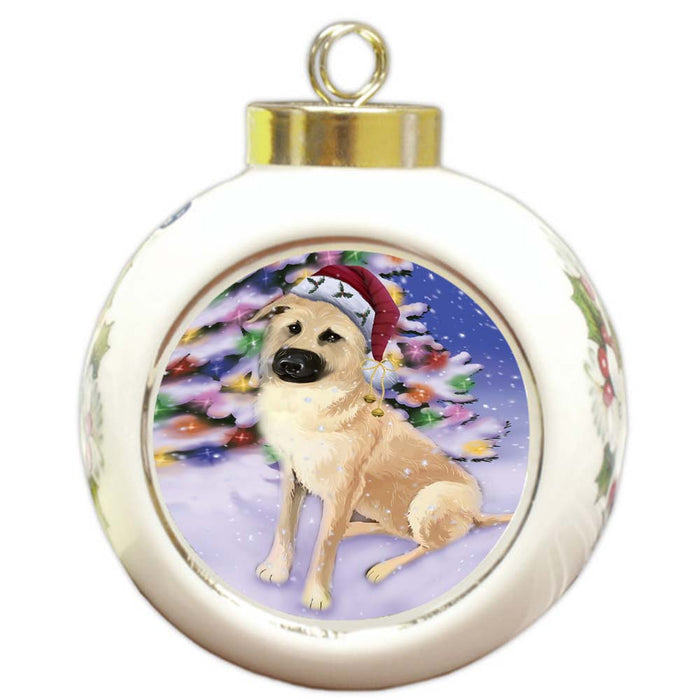 Winterland Wonderland Chinook Dog In Christmas Holiday Scenic Background Round Ball Christmas Ornament RBPOR56056