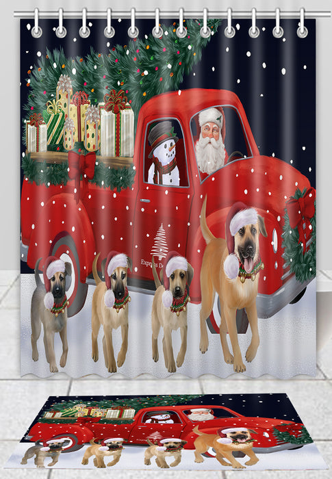 Christmas Express Delivery Red Truck Running Chinook Dogs Bath Mat and Shower Curtain Combo