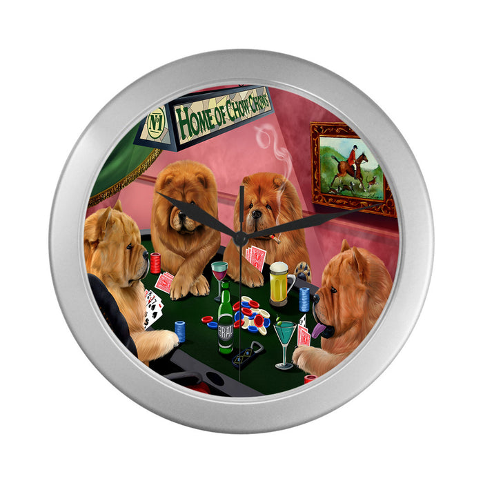 Home of Chow Chow Dogs Playing Poker Silver Wall Clocks