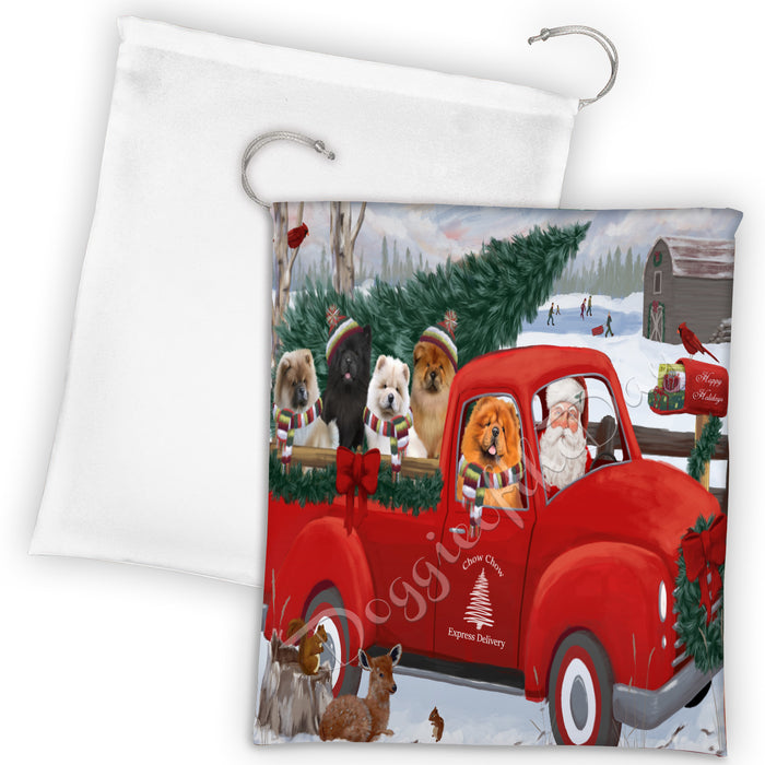Christmas Santa Express Delivery Red Truck Chow Chow Dogs Drawstring Laundry or Gift Bag LGB48297