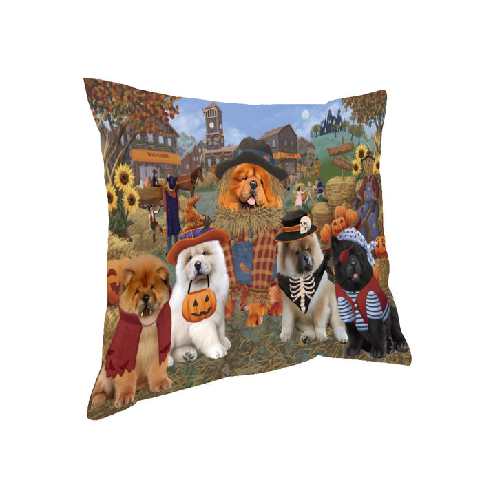 Halloween 'Round Town And Fall Pumpkin Scarecrow Both Chow Chow Dogs Pillow PIL82356