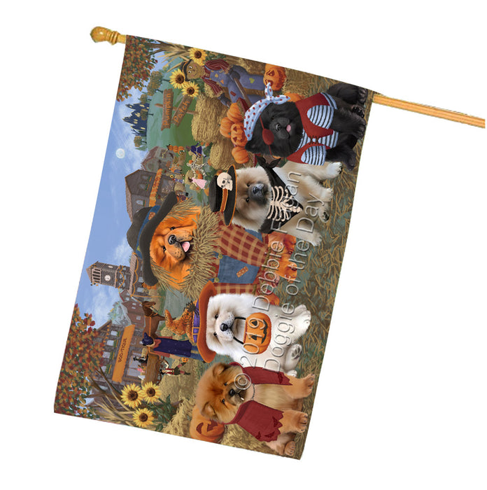 Halloween 'Round Town And Fall Pumpkin Scarecrow Both Chow Chow Dogs House Flag FLG65645