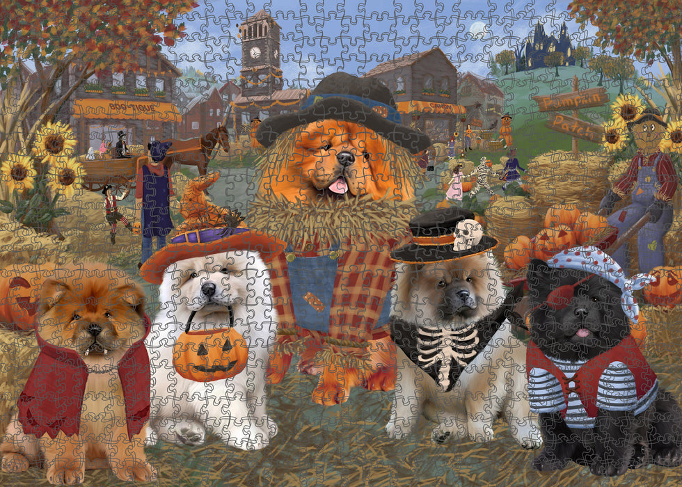 Halloween 'Round Town And Fall Pumpkin Scarecrow Both Chow Chow Dogs Puzzle with Photo Tin PUZL96264