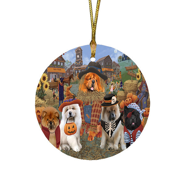 Halloween 'Round Town And Fall Pumpkin Scarecrow Both Chow Chow Dogs Round Flat Christmas Ornament RFPOR57393