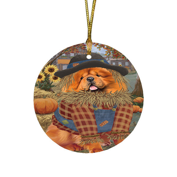 Halloween 'Round Town And Fall Pumpkin Scarecrow Both Chow Chow Dogs Round Flat Christmas Ornament RFPOR57454