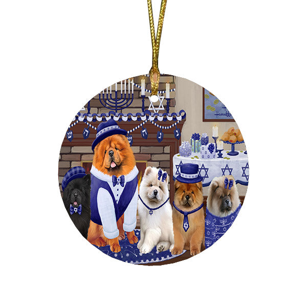 Happy Hanukkah Family and Happy Hanukkah Both Chow Chow Dogs Round Flat Christmas Ornament RFPOR57515