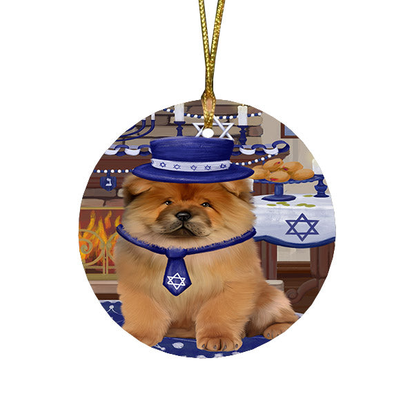 Happy Hanukkah Family and Happy Hanukkah Both Chow Chow Dog Round Flat Christmas Ornament RFPOR57571