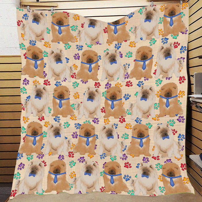 Rainbow Paw Print Chow Chow Dogs Blue Quilt