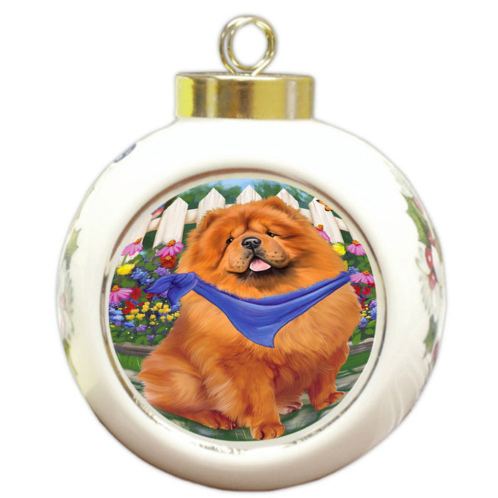 Spring Floral Chow Chow Dog Round Ball Christmas Ornament RBPOR49855