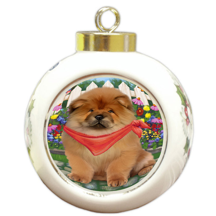 Spring Floral Chow Chow Dog Round Ball Christmas Ornament RBPOR49858