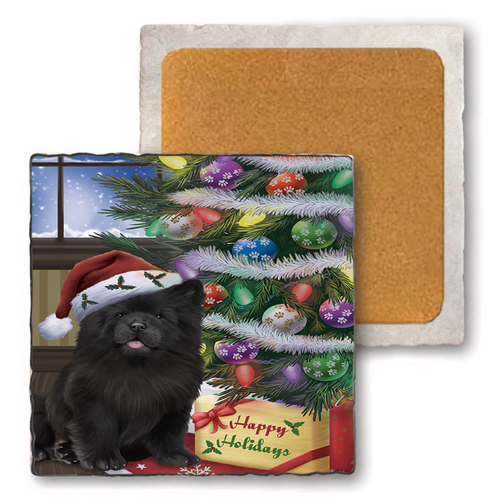 Christmas Happy Holidays Chow Chow Dog with Tree and Presents Set of 4 Natural Stone Marble Tile Coasters MCST48822