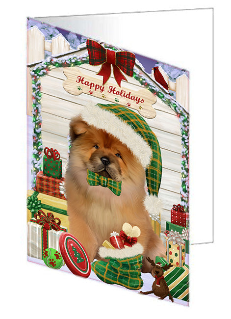 Happy Holidays Christmas Chow Chow Dog House with Presents Handmade Artwork Assorted Pets Greeting Cards and Note Cards with Envelopes for All Occasions and Holiday Seasons GCD58217
