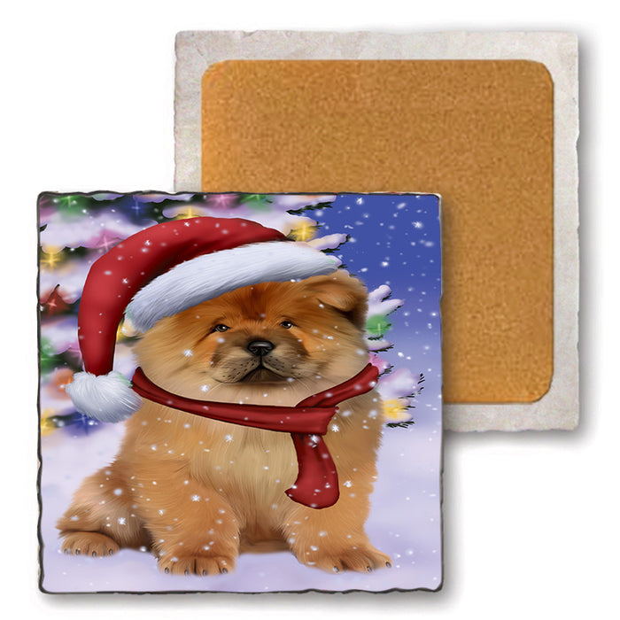 Winterland Wonderland Chow Chow Dog In Christmas Holiday Scenic Background  Set of 4 Natural Stone Marble Tile Coasters MCST48383