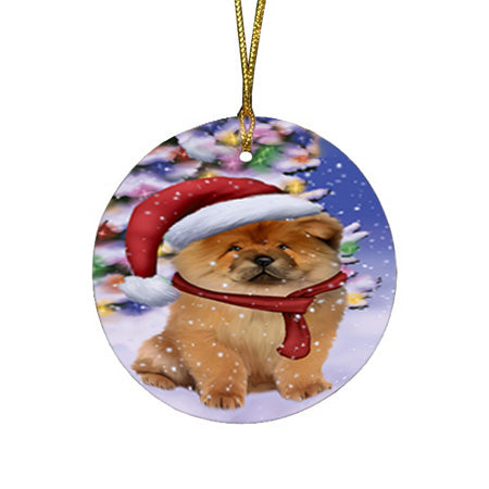 Winterland Wonderland Chow Chow Dog In Christmas Holiday Scenic Background  Round Flat Christmas Ornament RFPOR53374