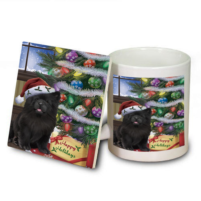 Christmas Happy Holidays Chow Chow Dog with Tree and Presents Mug and Coaster Set MUC53814