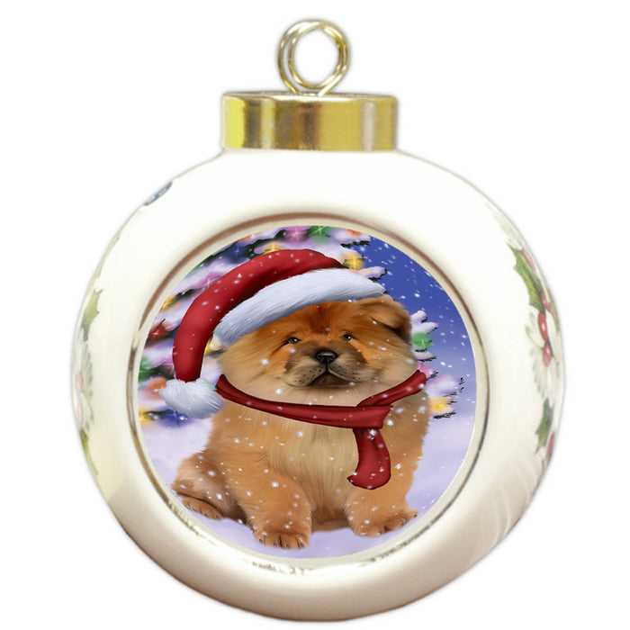 Winterland Wonderland Chow Chow Dog In Christmas Holiday Scenic Background  Round Ball Christmas Ornament RBPOR53383