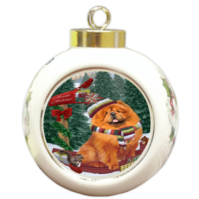 Merry Christmas Woodland Sled Chow Chow Dog Round Ball Christmas Ornament RBPOR55256