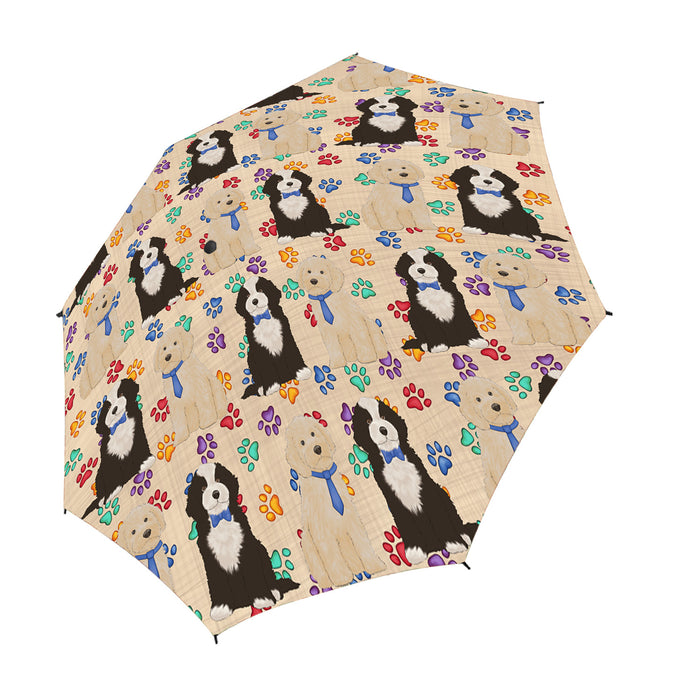 Rainbow Paw Print Chow Chow Dogs Blue Semi-Automatic Foldable Umbrella