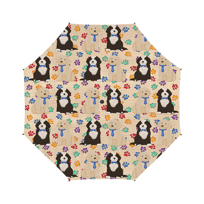 Rainbow Paw Print Chow Chow Dogs Blue Semi-Automatic Foldable Umbrella