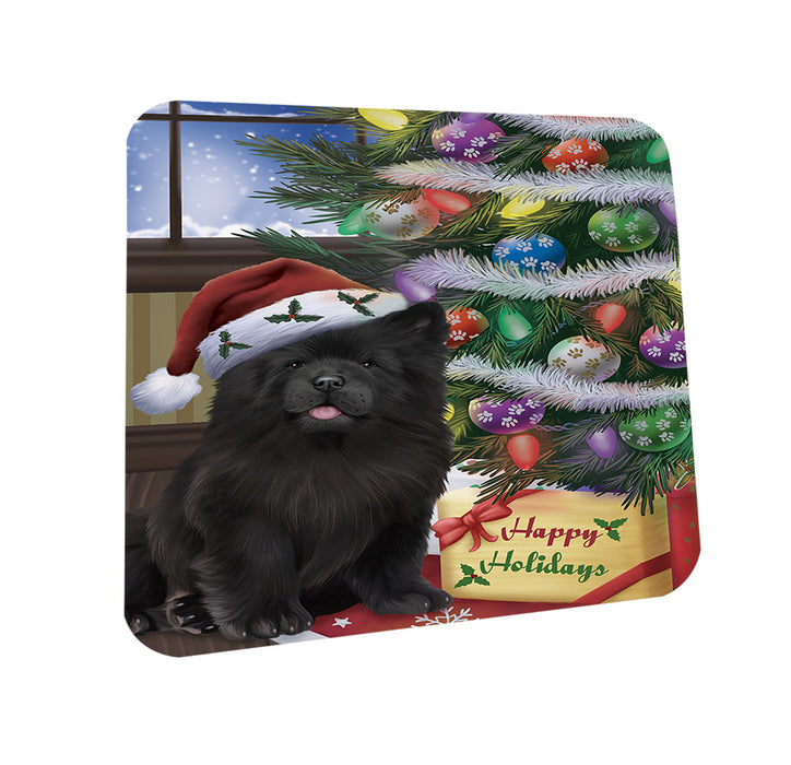 Christmas Happy Holidays Chow Chow Dog with Tree and Presents Coasters Set of 4 CST53780