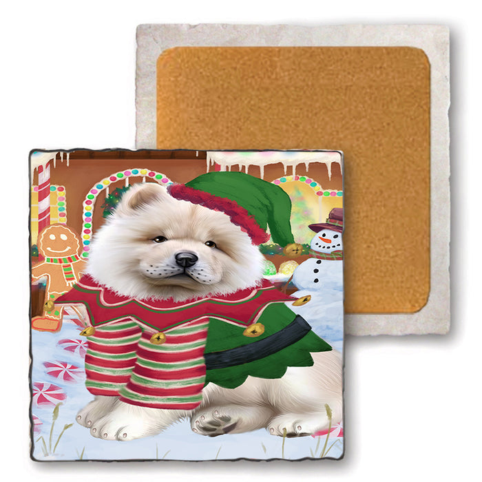Christmas Gingerbread House Candyfest Chow Chow Dog Set of 4 Natural Stone Marble Tile Coasters MCST51306