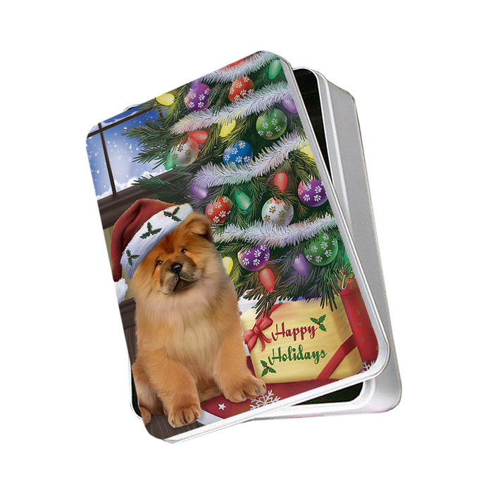 Christmas Happy Holidays Chow Chow Dog with Tree and Presents Photo Storage Tin PITN53766