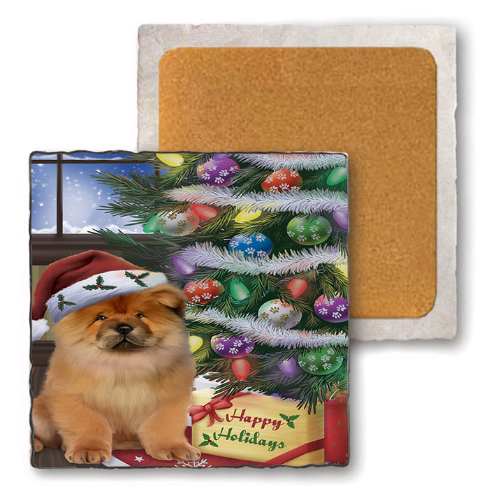 Christmas Happy Holidays Chow Chow Dog with Tree and Presents Set of 4 Natural Stone Marble Tile Coasters MCST48823