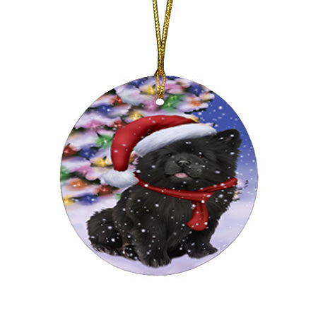 Winterland Wonderland Chow Chow Dog In Christmas Holiday Scenic Background  Round Flat Christmas Ornament RFPOR53375