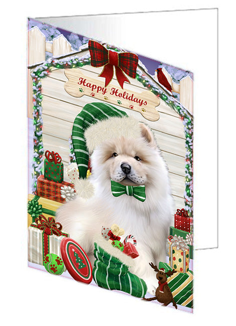 Happy Holidays Christmas Chow Chow Dog House with Presents Handmade Artwork Assorted Pets Greeting Cards and Note Cards with Envelopes for All Occasions and Holiday Seasons GCD58220