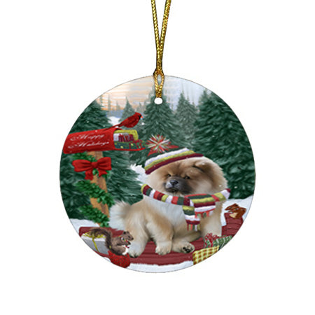 Merry Christmas Woodland Sled Chow Chow Dog Round Flat Christmas Ornament RFPOR55257