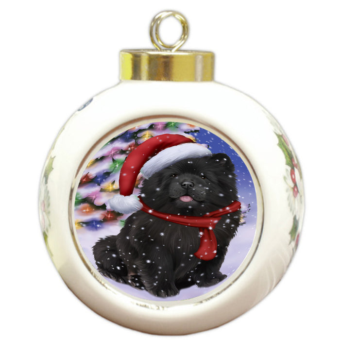 Winterland Wonderland Chow Chow Dog In Christmas Holiday Scenic Background  Round Ball Christmas Ornament RBPOR53384