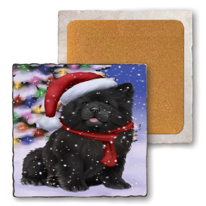 Winterland Wonderland Chow Chow Dog In Christmas Holiday Scenic Background  Set of 4 Natural Stone Marble Tile Coasters MCST48384