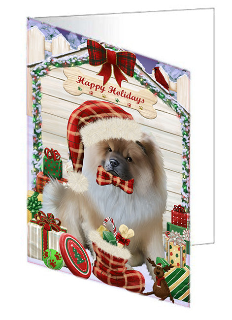 Happy Holidays Christmas Chow Chow Dog House with Presents Handmade Artwork Assorted Pets Greeting Cards and Note Cards with Envelopes for All Occasions and Holiday Seasons GCD58223