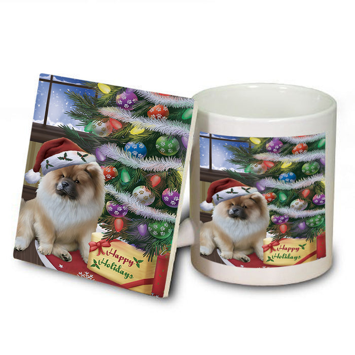 Christmas Happy Holidays Chow Chow Dog with Tree and Presents Mug and Coaster Set MUC53816