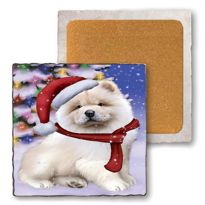 Winterland Wonderland Chow Chow Dog In Christmas Holiday Scenic Background  Set of 4 Natural Stone Marble Tile Coasters MCST48385