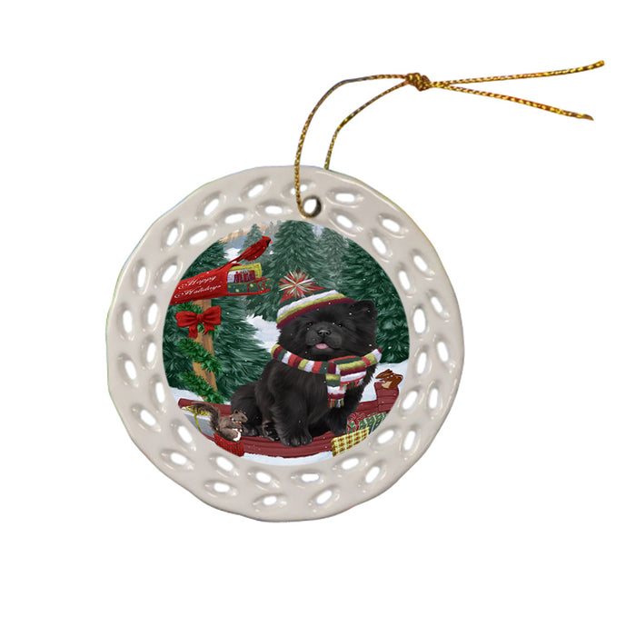 Merry Christmas Woodland Sled Chow Chow Dog Ceramic Doily Ornament DPOR55258