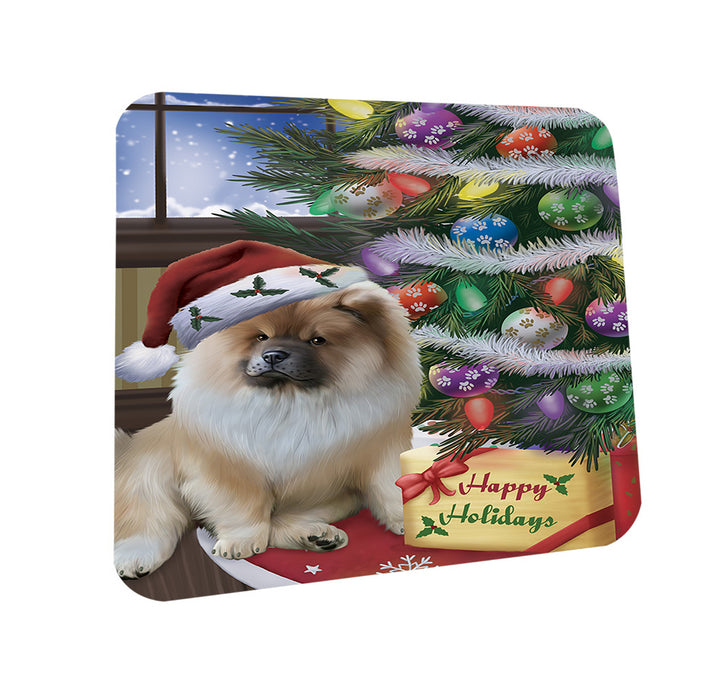 Christmas Happy Holidays Chow Chow Dog with Tree and Presents Coasters Set of 4 CST53782