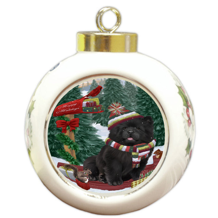 Merry Christmas Woodland Sled Chow Chow Dog Round Ball Christmas Ornament RBPOR55258