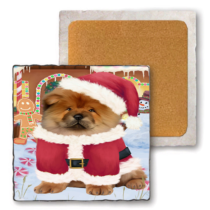 Christmas Gingerbread House Candyfest Chow Chow Dog Set of 4 Natural Stone Marble Tile Coasters MCST51308