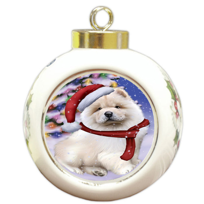 Winterland Wonderland Chow Chow Dog In Christmas Holiday Scenic Background  Round Ball Christmas Ornament RBPOR53385