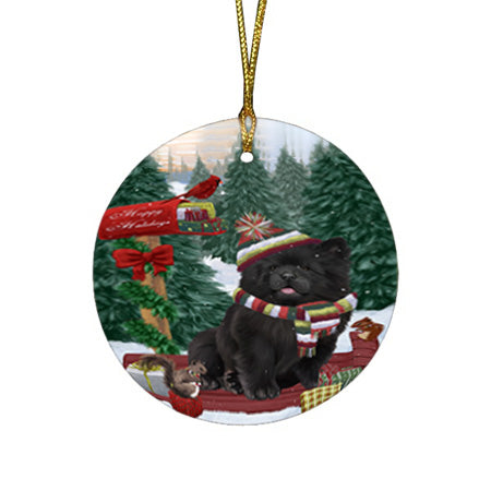 Merry Christmas Woodland Sled Chow Chow Dog Round Flat Christmas Ornament RFPOR55258