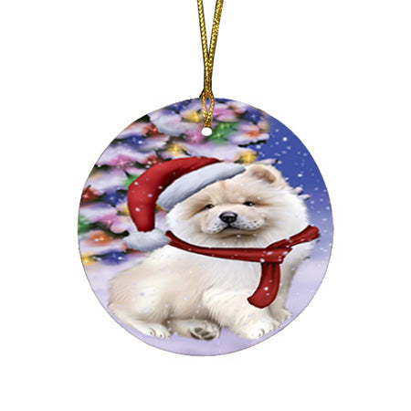 Winterland Wonderland Chow Chow Dog In Christmas Holiday Scenic Background  Round Flat Christmas Ornament RFPOR53376