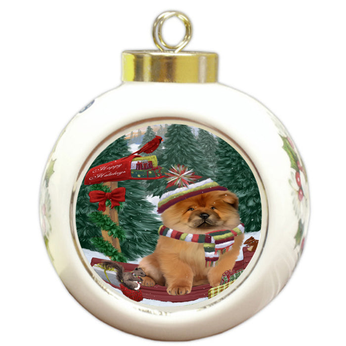 Merry Christmas Woodland Sled Chow Chow Dog Round Ball Christmas Ornament RBPOR55259
