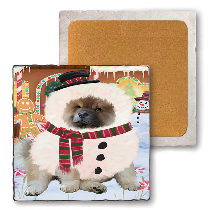 Christmas Gingerbread House Candyfest Chow Chow Dog Set of 4 Natural Stone Marble Tile Coasters MCST51309